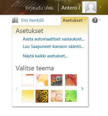 4. Postin asetukset 4 Oikeassa yläreunassa on Asetukset-valikko, josta pääset muuttamaan postin asetuksia. Näkyvissä on linkit automaattisiin vastauksiin, sääntöihin sekä teeman valintaan.