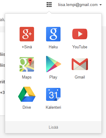 SÄHKÖPOSTIN PERUSKURSSI 14 9. Gmail ja muut Googlen palvelut Gmail on muutakin kuin sähköposti. Google+ on Gmailin yhteisöpalvelu, jota on verrattu Facebookiin.