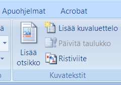 Taulukot ja kuviot luetteloon 1(2) Näin lisäät taulukko tai kaavio - otsikoita: 1. Napsauta Viittaukset (References)- välilehdeltä Lisää otsikko (Insert Caption) -painiketta 2.