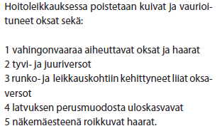 kunnolla ja tehdä tarvittavia leikkauksia noin 7 10 vuoden välein. Myrskyn jälkeen kannattaa kuitenkin tehdä ylimääräinen tarkastuskierros, jossa voidaan käydä läpi aiheutuneet vahingot. Kuva 6.