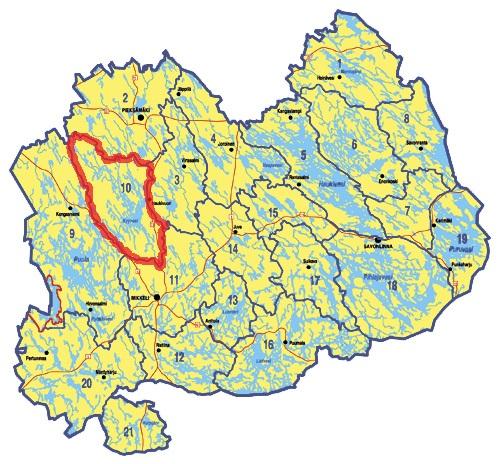 2 A. PERUSTIETO-OSA 2. KALASTUSALUEEN KUVAUS 2.1 ALUEEN KUVAUS Kyyveden kalastusalue (kuva 1) sijaitsee Mikkelin (Haukivuoren keskustaajama), Kangasniemen ja Pieksämäen alueilla.