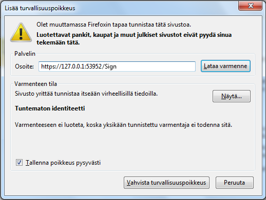 4.8 Allekirjoitustoiminto ei toimi selaimessa DigiSign Client käyttää sisäistä internetpalvelinta sähköiseen allekirjoitukseen. Jotkut palomuurit estävät tällaisen palvelimen käytön tietokoneessa.