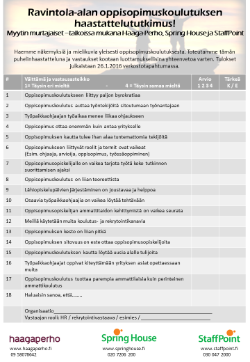 Haastattelukyselylomake ja verkostotilaisuus Toteutimme verkostotilaisuuden 26.1.2016 Myytin murtajaiset - ravintola-alan ja oppisopimuskoulutuksen verkostotapahtuma ti 26.1.2016 klo 8.15-11.