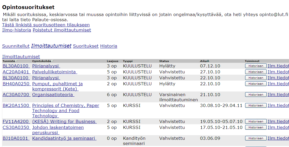 LUT 12 (18) Klikkaa poistetun ilmoittautumisen rivillä olevaa Ilm.