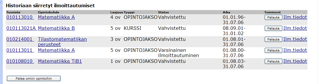 LUT 14 (18) jossa näkyvät tehdyt ilmoittautumiset ja lisäksi voi lisätä/poistaa ilmoittautumisen, mikäli kyseiseen opetustapahtumaan liittyy vielä joku ilmoittautumiskelpoinen opetustapahtuma.