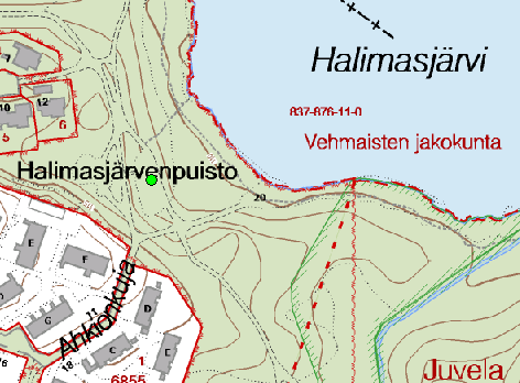 käyttö, alakenttä väylässä kiinni Atalanpuisto ja Kepinojanpuisto, noin 500 m Viheraluetyyppi ympärillä sekapuustoa, länsipuolella asutusta Halimasjärvenpuisto