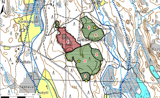Liesjärven pohjavesialueelta (kuva 378) kartoitettiin yksi soranottoalue. Alue on metsittynyt ja kunnostustarpeeltaan vähäinen. Kuva 378.