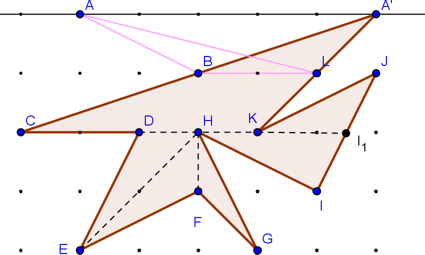 Solmu 1/010 7 janat ovat yhtä pitkät. Vastaavasti siirretään pistettä E. Kolmiot muodostavat suunnikkaan, jonka kanta = 1 ja korkeus 4, pinta-ala siis 4 (p.a.y).