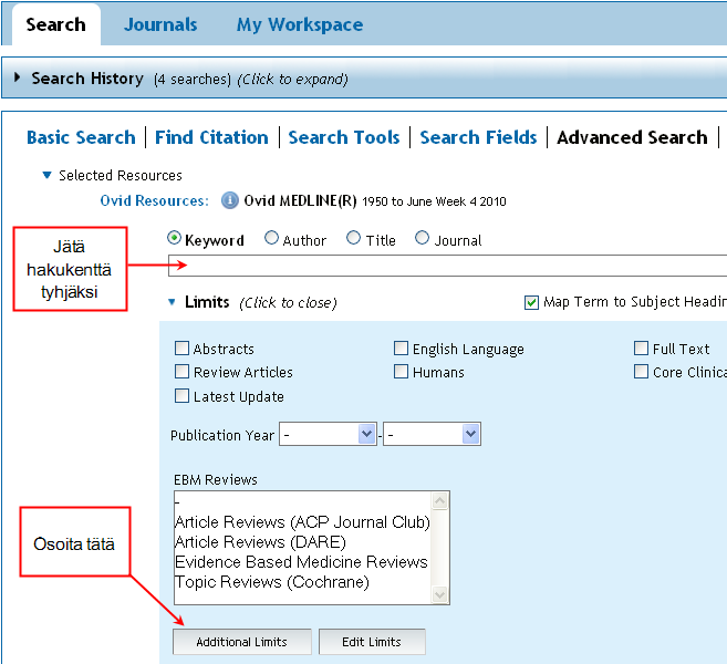6. Haun rajaaminen julkaisuvuosilla, kielellä, potilaiden iällä jne. Haun voi rajata jo hakua tehdessä hakukentän alapuolella näkyvistä Limit-vaihtoehdoista.