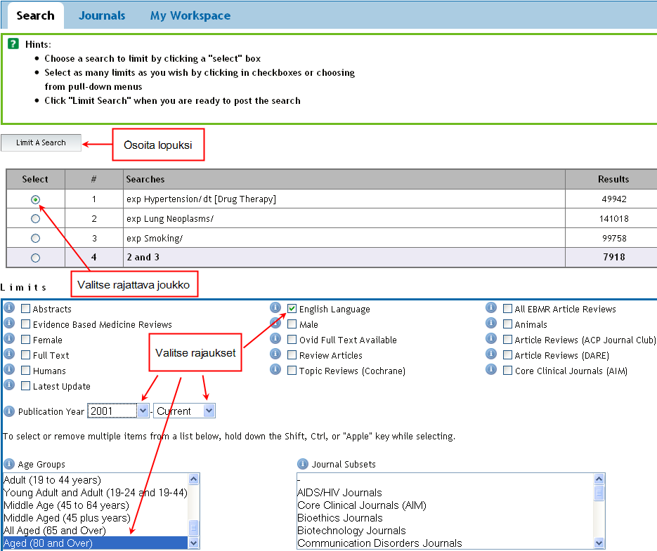 Valitse rajattava joukko ja haluamasi rajaukset. Osoita lopuksi Limit A Search painiketta. 7. Tulostus, lähetys sähköpostiin, siirto viittedenhallintaohjelmaan (mm.