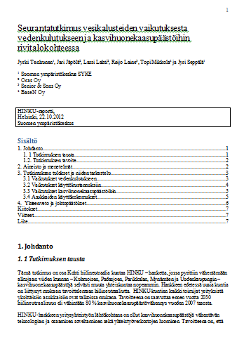 vedenkulutukseen ja kasvihuonekaasupäästöihin rivitalokohteessa