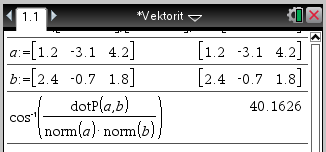 28 Siis vektoreiden välinen kulma on 40,6 o. Laskimella voi laskea hyvin tehokkaasti, kuten seuraavasta esimerkistä ilmenee. 3.