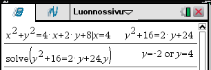 54 2. Yhtälö (2) x2 + y 2=4 x+ 2 y+ 8 määrittelee pisteen x=4 ympäristössä funktion y= y ( x), jonka arvot ovat negatiivisia. Määritä tämän funktion derivaatta pisteessä x=4.