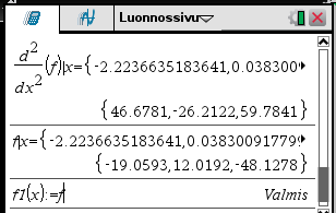 7 Määritetään ääriarvojen laatu derivaatan nollakohdissa laskemalla toisen derivaatan arvot. Lasketaan vielä funktion arvot derivaatan nollakohdissa.