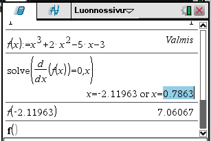 23 sin(3 x 2) 0,78=0, voidaan käyttää zeros-komentoa, jonka tulos on listarakenne. Tähän voidaan kohdistaa expand-komento. Ratkaisu on siis x=0,964889+n 2π 2π tai x=,4564+n 3 3 5.