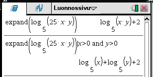 47 4.4 Logaritmilausekkeiden käsittely Luonnollinen eli e-kantainen logaritmi ln x muodostetaan näppäimillä. Komento näkyy log x laskimessa komentona ln.
