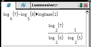 49 5. Esitetään logaritmi 2-kantaisten logaritmien avulla. log6 7 log5 8 TEHTÄVIÄ. Kirjoita summamuotoon seuraavat logaritmilausekkeet b 3 log a a) b) log a b 4 c cd 4.