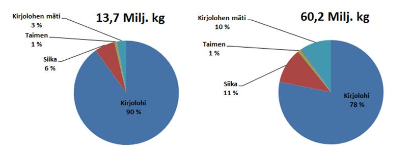 Ruokakalatuotannon määrä ja osuus tuotannon arvosta