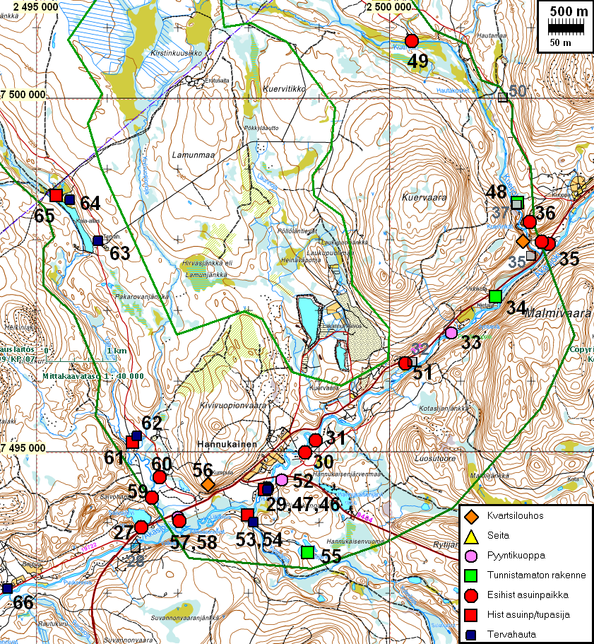 8 Kartta: Hannukainen, muinaisjäännökset Tutkimusalueen raja vihreällä viivalla, suunniteltu