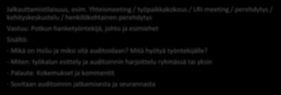 Jalkautussuunnitelma Potku-väen informointi ja työkalun koekäyttö kuukausitapaamisessa Vastuu: Auditointityökalun kehittämistyöryhmä POTKU:n sisällä Osahankkeiden johtoryhmän ja esimiesten