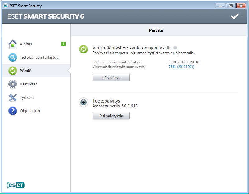 Päivitys Oletusarvoisesti ESET Smart Security on määritetty tekemään säännölliset päivitykset (lisätietoja on tuoteoppaan Ajastin-osassa).