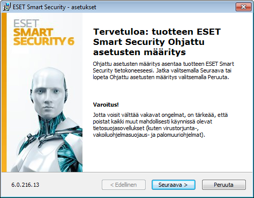 Asennus ESET Smart Security sisältää komponentteja, jotka saattavat olla ristiriidassa muiden tietokoneeseen asennettujen virustorjuntatuotteiden tai suojausohjelmistojen kanssa.
