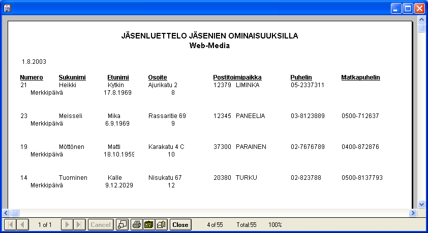 Kyseisellä rajauksella tulostettu raportti listaa ne jäsenet, joilla merkkipäivä on
