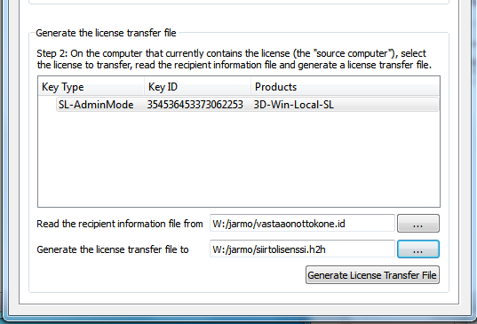 4.2 Lisenssin siirto toiseen koneeseen Jos lisenssi joudutaan myöhemmin siirtämään toiselle koneelle, tapahtuu sekin RUS_3D-ohjelman avulla.