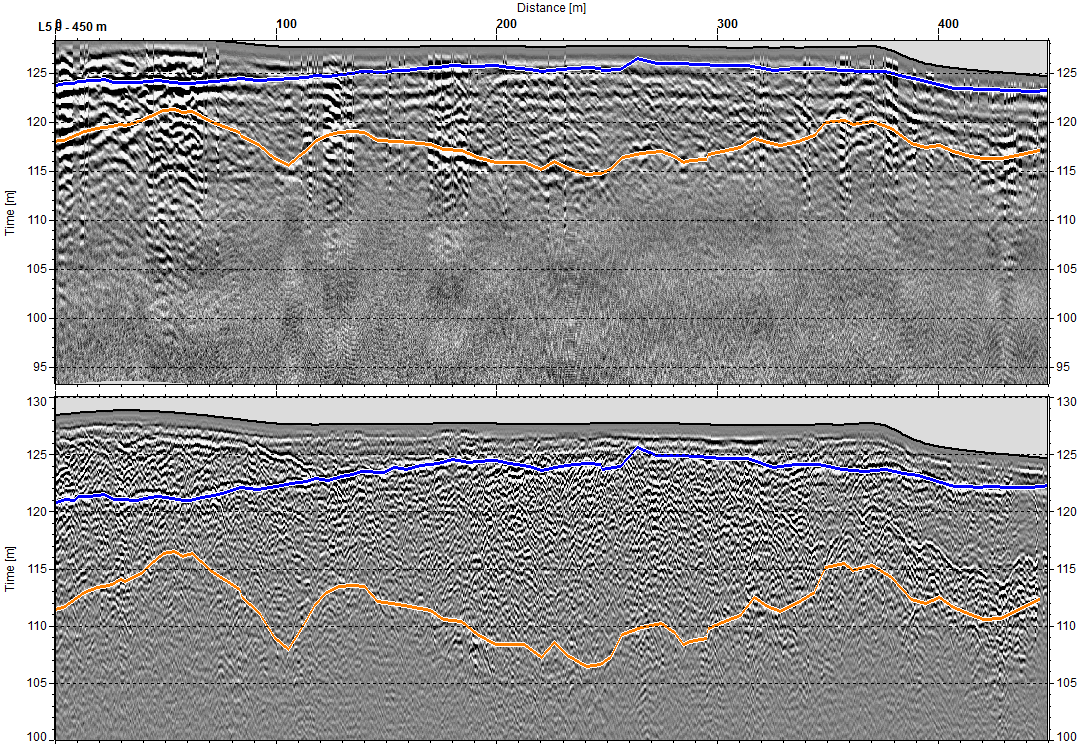 Etelä-Savon kiviaineshuollon turvaaminen 47 Kuva 7. Maatutkalinjan L5 luotausprofiilit linjaväliltä 0 460 m. Sininen viiva = pohjaveden pinta, oranssi viiva = kallio / moreeni.