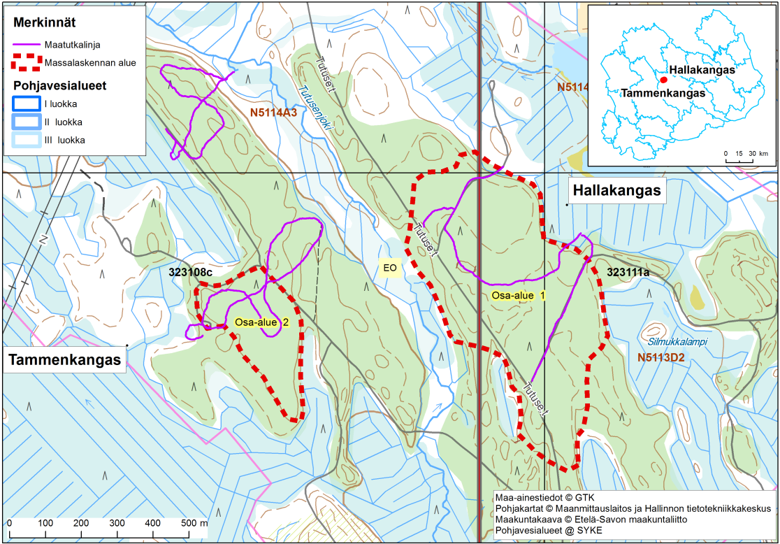 Etelä-Savon kiviaineshuollon turvaaminen 48 Kuva 8. Massalaskenta-alueiden rajaukset Tammenkankaalla ja Hallakankaalla.
