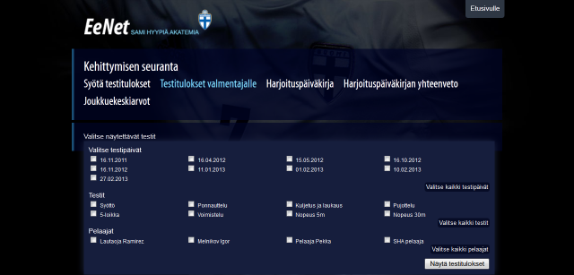 Testitulokset valmentajalle Valmentajalla ja valmennuspäälliköllä on oikeudet katsella omien joukkueidensa pelaajien testituloksia. 1.