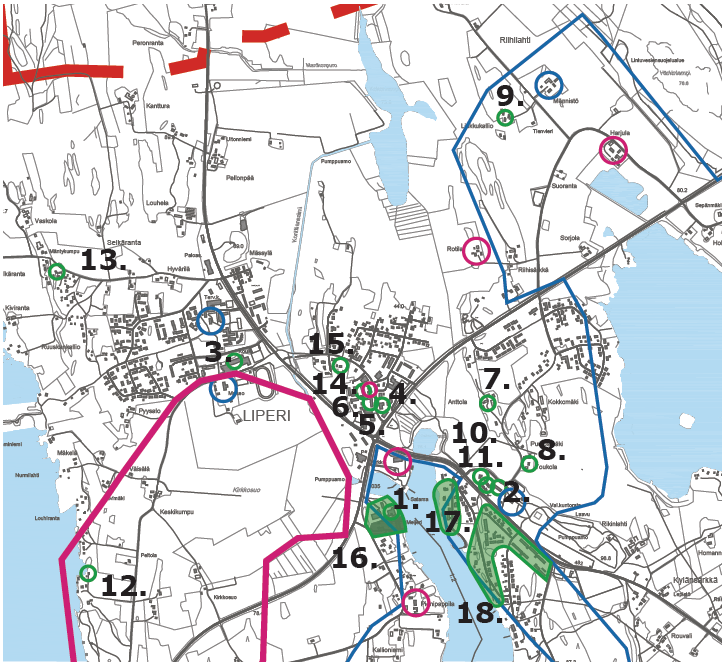 FCG SUUNNITTELU JA TEKNIIKKA OY Kaavaselostus 23 (65) 11. Opinahjo, Opintie 2:n asuinrivitalot 12. Saloranta 13. Vankihuone, ent. parantolarakennus 14. Kirjasto 15.