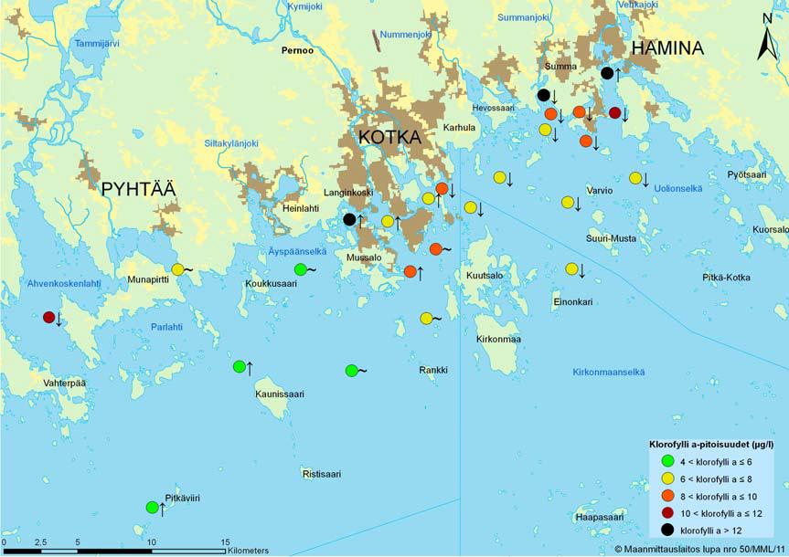 Kuva 3.3.1-5. Keskimääräiset a- klorofyllipitoisuudet itäisen Suomenlahden näyteasemilla vuosina 2000-2009.