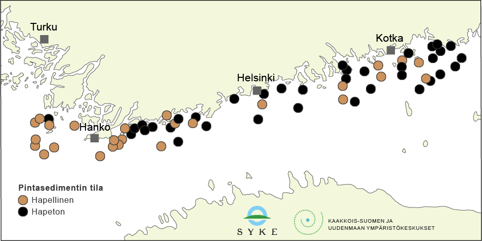 Kuva 3.3.4-3. Pintasedimentin tila ja pohjaeläinten esiintyminen tutkimusalus Muikun havaintopaikoilla Suomenlahden rannikkovesissä vuonna 2007 (Aineiston lähde: SYKE).
