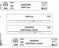 Infotainment-järjestelmä 113 DAB-palvelukomponentin automaattihaku (vain tyypin 1/2 A malli) Radioaseman haku DAB-ryhmän haku (vain tyypin 1/2-A malli) Paina painikkeita fseeke DAB-palvelukomponentin