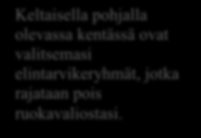 Ruokavaliorajoitusten asettaminen Klikkaa välilehteä Ruokavaliorajoitukset Valitse valmis ruokavalio tai elintarvikeryhmä: A.