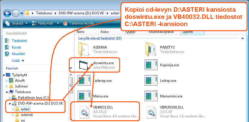 Tulostaminen doswintu.exe -apuohjelmalla Doswintua käytettäessä Asteri ohjelma tulostaa tulosteen ensin levytiedostoon ja käynnistää sitten doswintu.exe:n, joka tulostaa tiedoston kirjoittimelle.