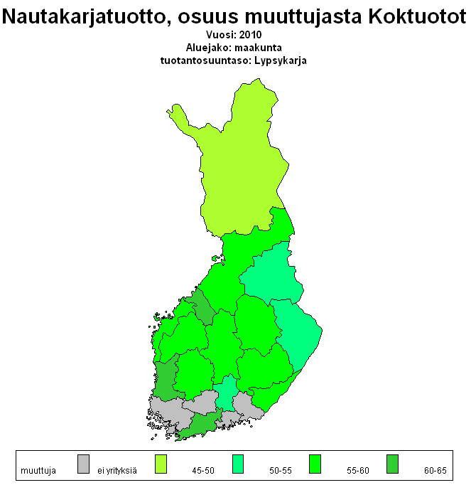 Nautakarjatuotto, osuus kokonaistuotosta, % Järjestelmä tuottaa ensin taulukon ja siitä kartan - Vaihtelu vähäisempää,