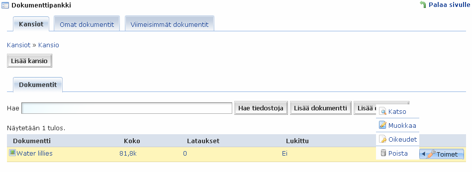 25 (46) Dokumentin tiedot voi avata tarkasteltavaksi klikkaamalla dokumentin nimeä tai muuta linkitettyä tietoa rivin oikeassa reunassa on lisäksi työkaluvalitsin Toimet, jota klikkaamalla avautuvat