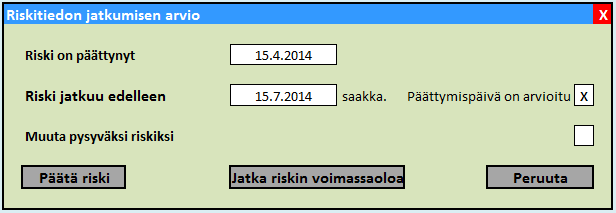 huomiointi hoidossa. Tarkemmat kirjaustiedot voidaan näyttää erikseen tarvittaessa. (kuva 18). Määräaikaisista riskeistä on suositeltavaa näyttää myös riskin päättymispäivä. Kuva 18.