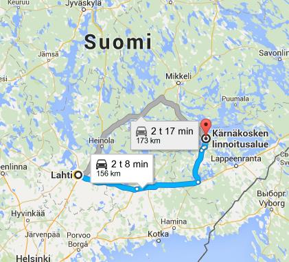 Googlen karttapalvelu (Maps) Pitäisi lähteä autolla Kärnäkosken linnoitusta katsomaan Savitaipaleelle ja ajoreitti on hukassa.