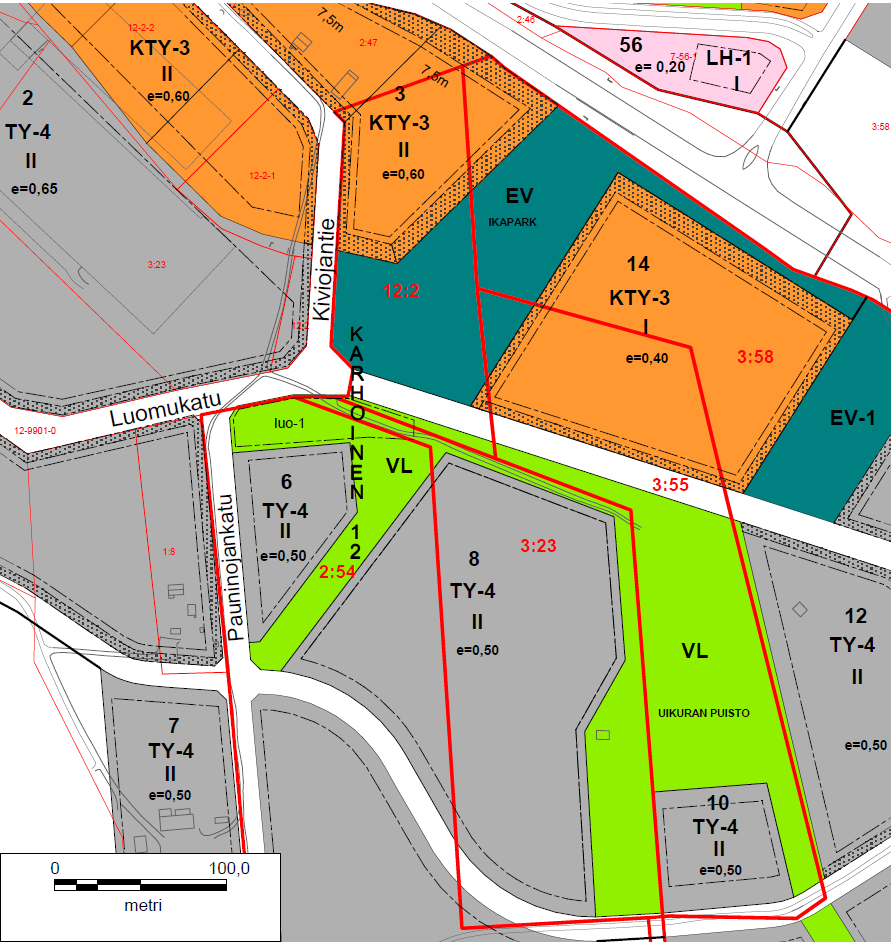 Luomu alueen asemakaavaa 10) Kaupungin omistamia kiinteistöjä korostettu, 2:54, 3:23, 3:55, 3:58 ja 12:2 Rakennettujen Luomukadun ja Kiviojantien