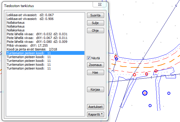 10. Tiedoston tarkistus ja korjaus Liikennevirasto laati uuden kartoitusohjeen 2011. Tähän ohjeeseen liittyen teimme uuden toiminnon kartoitusvirheiden löytämiseksi ja korjaamiseksi.