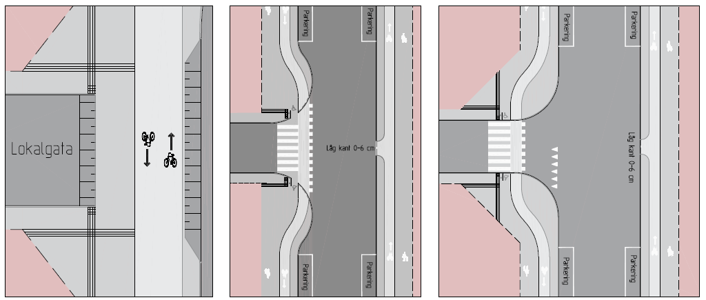 Liite 3. Jalankulun, pyöräilyn ja autoliikenteen risteämisratkaisut Kuva 18. Vaihtoehtoisia risteämisjärjestelyjä Ruotsissa.