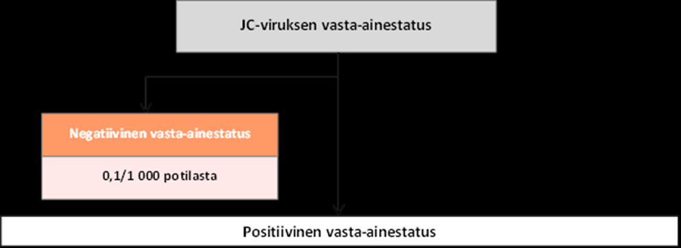 Kuva 1: PML:n riskiarvioalgoritmi 1 12 kuukautta 13 24 kuukautta 25 36 kuukautta 37 48 kuukautta 49 60 kuukautta 61 72 kuukautta PML:n riskiarviot 1 000 potilasta kohden Potilaat, joilla ei aiempaa