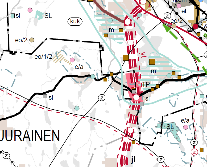 Ote Keski-Suomen maakuntakaavasta Maakuntakaavassa on osoitettu työpaikka-alue (TP) Uuraistentien, VT 4:n ja suonenjoentien risteysalueen tuntumaan, Hirvaskankaan pohjavesialue (sininen