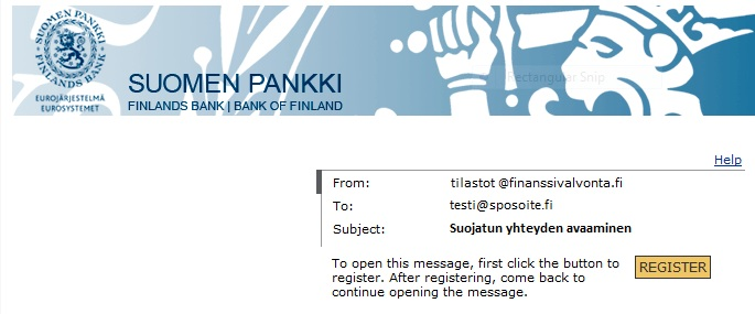 2 (5) 2.3 Ensirekisteröityminen Securedoc.html liitetiedoston avaamisen jälkeen avautuu Suomen Pankin suojatun sähköpostijärjestelmän sivu (kuva alla), jossa pyydetään rekisteröitymään.