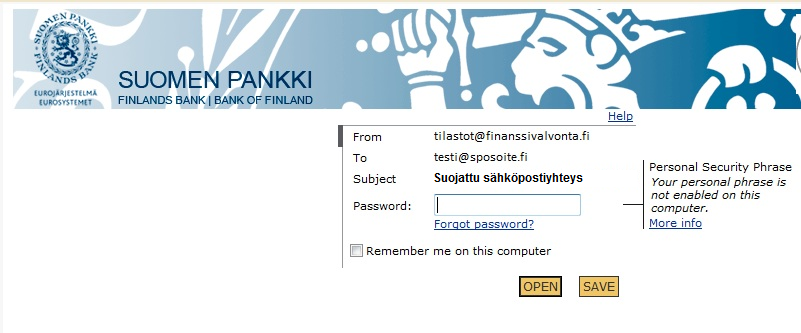 5 (5) "From" -kentässä näkyy lähettäjä tilastot(at)finanssivalvonta.fi ja "To" - kentässä oma sähköpostiosoitteesi. Kirjoita Password-kenttään antamasi salasana. Paina Open-näppäintä.