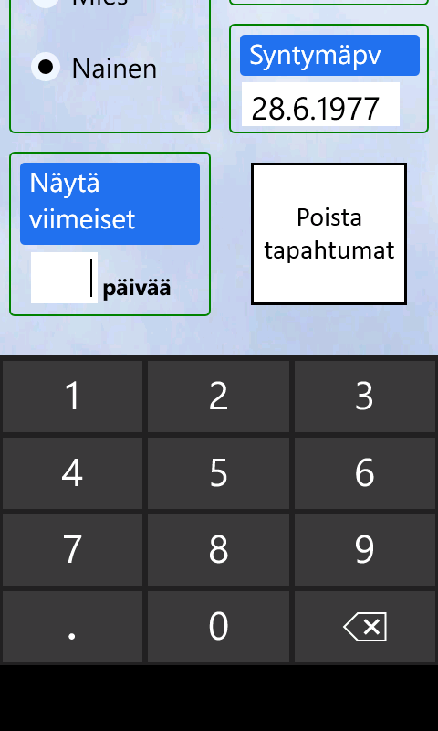 Aseta syntymäpäiväsi ja paina -painiketta, jolloin palataan jälleen Asetukset-sivulle. Valitse sukupuolesi napauttamalla joko Mies tai Nainen painikkeen tai tekstin kohdalta.