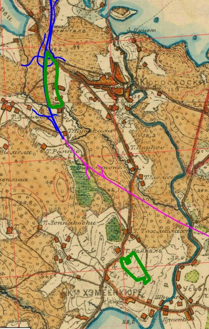 6 Kirkonseutu. Tutkimusalue rajattu vihreällä. Vanhat kartat Ote Senaatinkartasta v. 1910. Päälle on piirretty nyk.